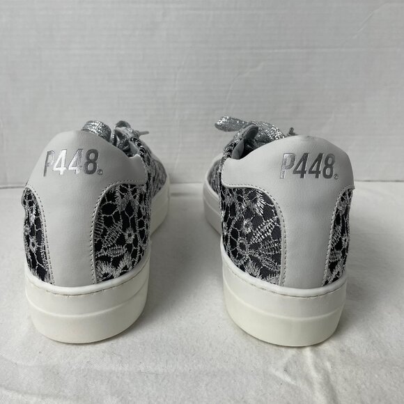P448 Thea White/Black/Silver Embroidered Flower Low Top Sneakers - Picture 5 of 9